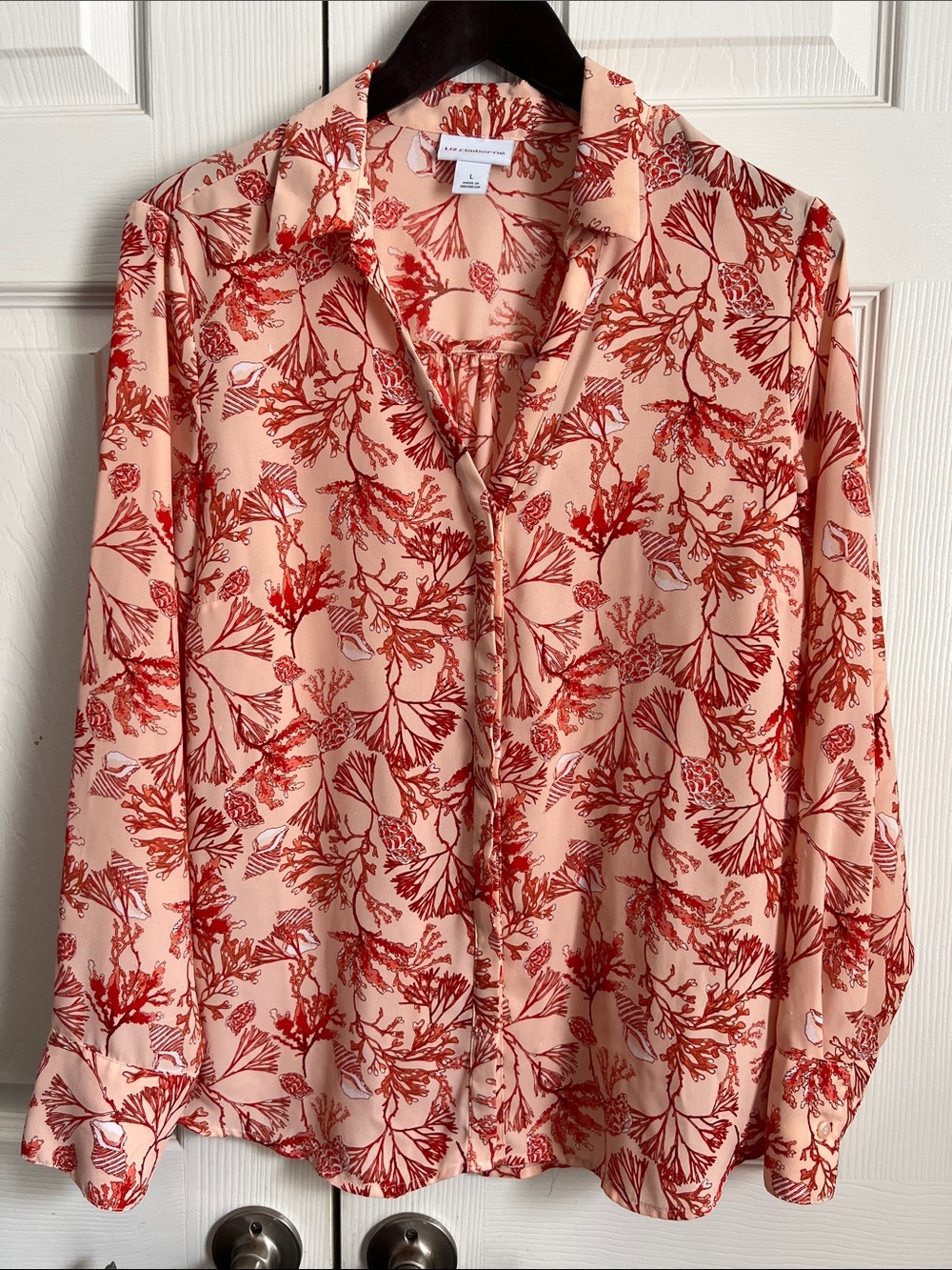 Liz Claiborne Peach Blouse with Red Coral Print